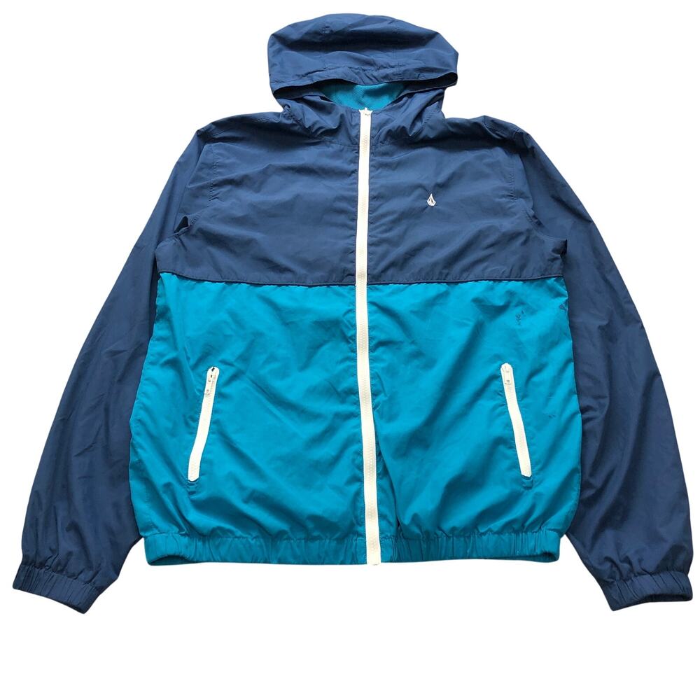 Volcom Mesh Lined Windbreaker Jacket Hoodie Mens Large Full Zip Teal Blue White